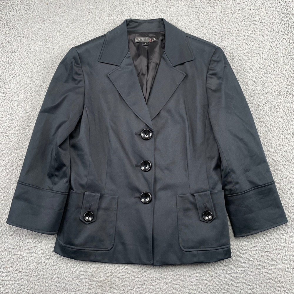 Lafayette 148 Blazer Womens 4 Black 3-Button Cotton Blend 3/4 Sleeve Jacket